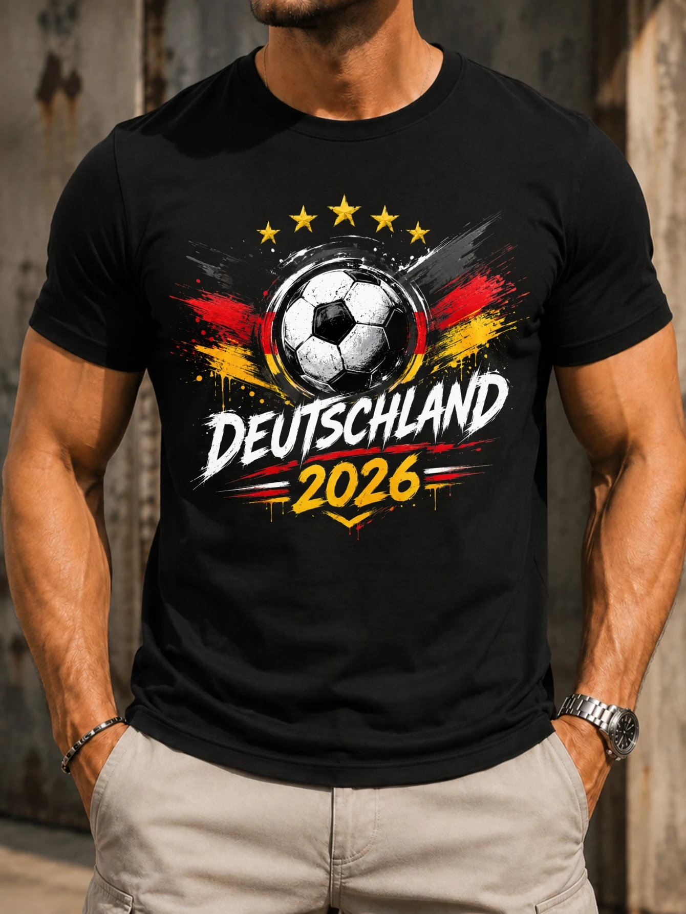 Deutschland 2026 soccer ball brush Fl-ag strokes gold stars and energetic paint splatter fan  Unisex All T-Shirt