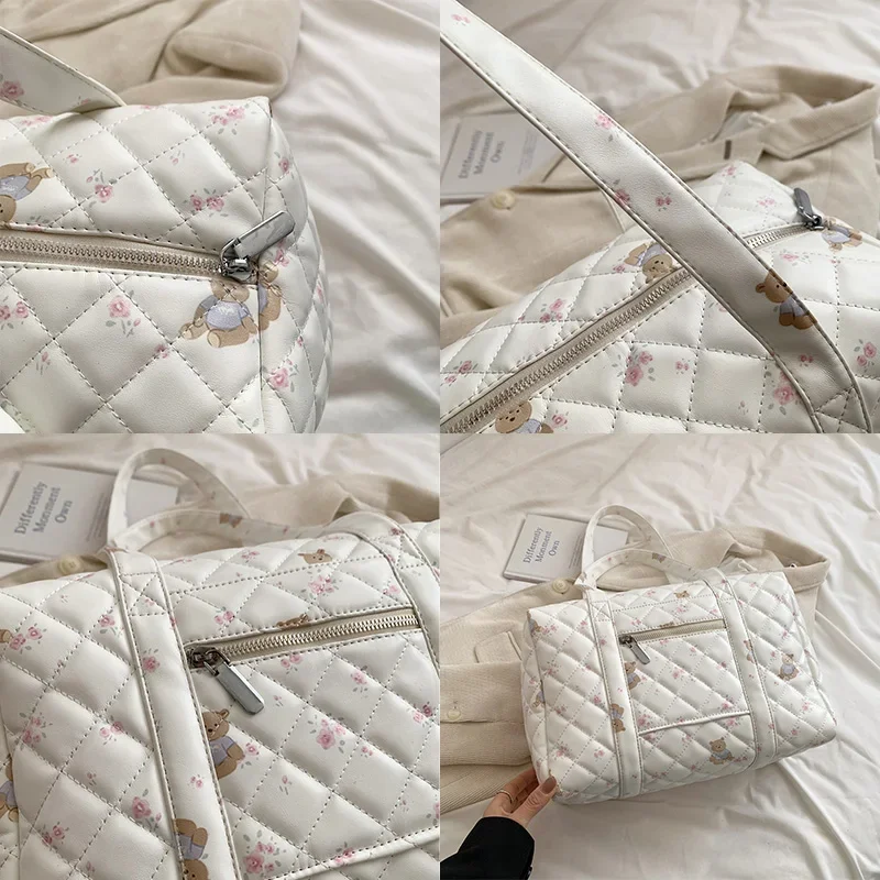 Bolso de mano de viaje acolchado para mujer, bolso de hombro ligero estampado con cremallera segura y costuras de diamantes para viajes y desplazamientos