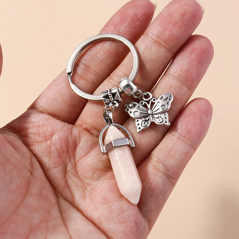 Natürliche sechseckige Säule Stein Schlüsselanhänger Frauen Männer Quarz Opal Kristall Schlüsselanhänger Auge Fatima Hand Sonne Mond Schmuck Party Geschenke – Detail 3