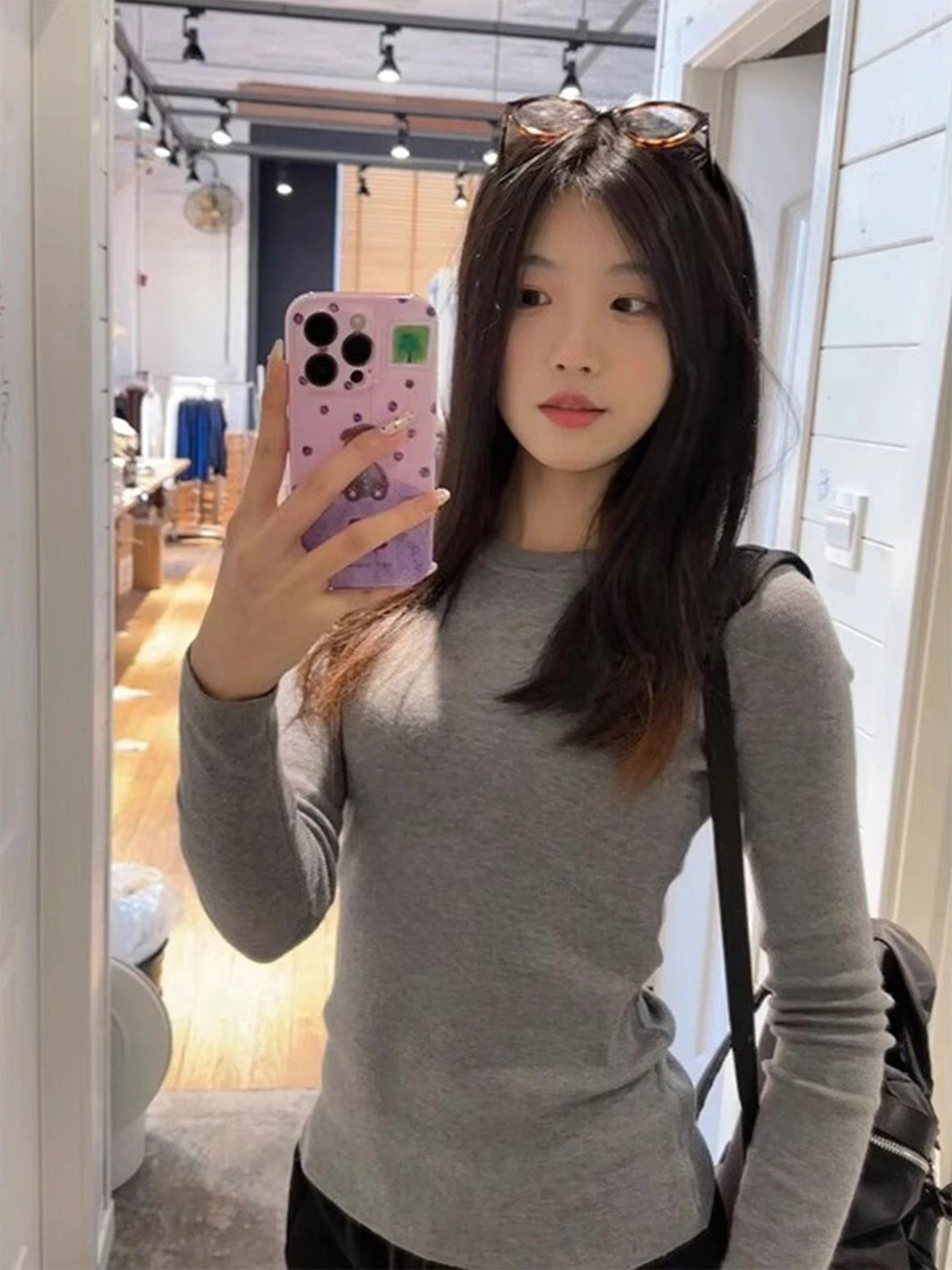 Coreano sle longo sve básico redondo ne camiseta feminina início do outono novo high-end versátil fino ajuste interior usar base irt topo