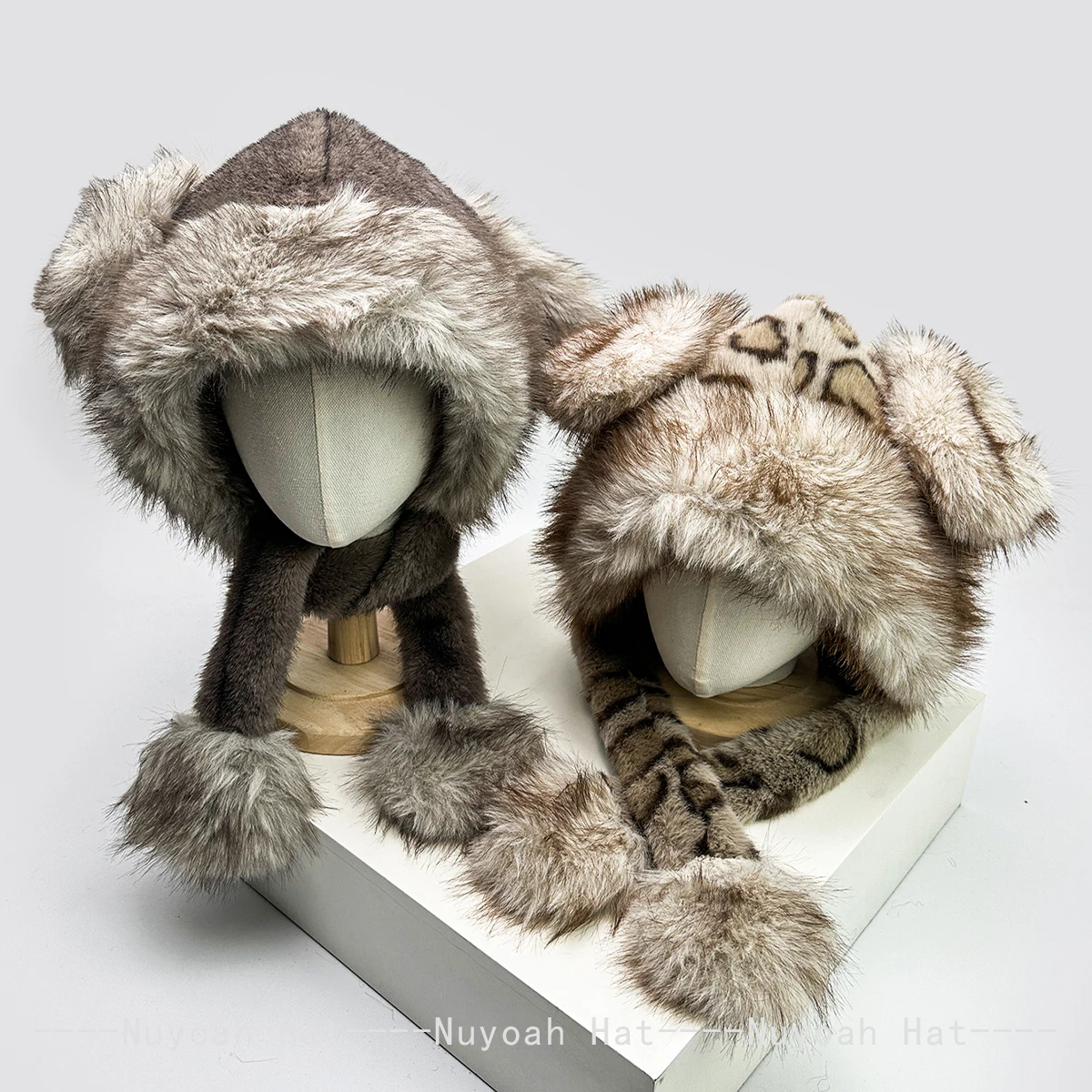 

Autumn and Winter Women Cute Little Rabbit Ears Plush Hats Warm Outdoor Sunshade Leopard Print Fisherman Caps Straps Versatile