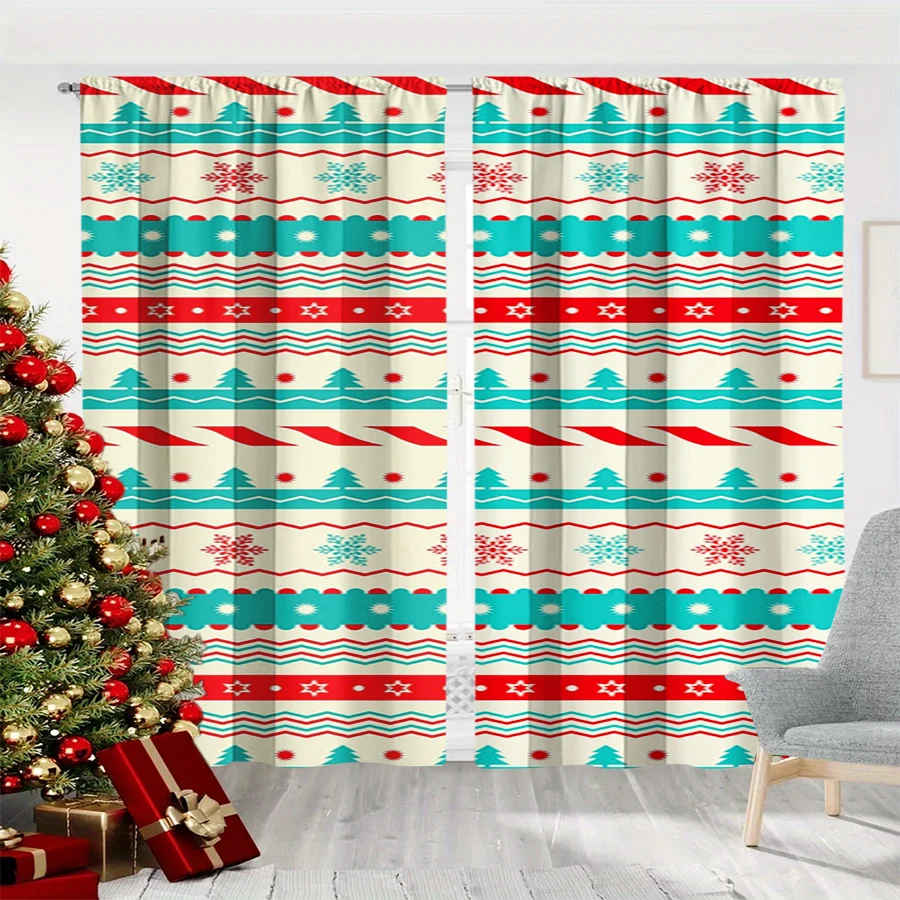 2PCS Christmas Winter Curtains, Cream Fair Isle Knit Tree Snowflake Geometric, Digital Print, Bedroom Living Room, Home Decor