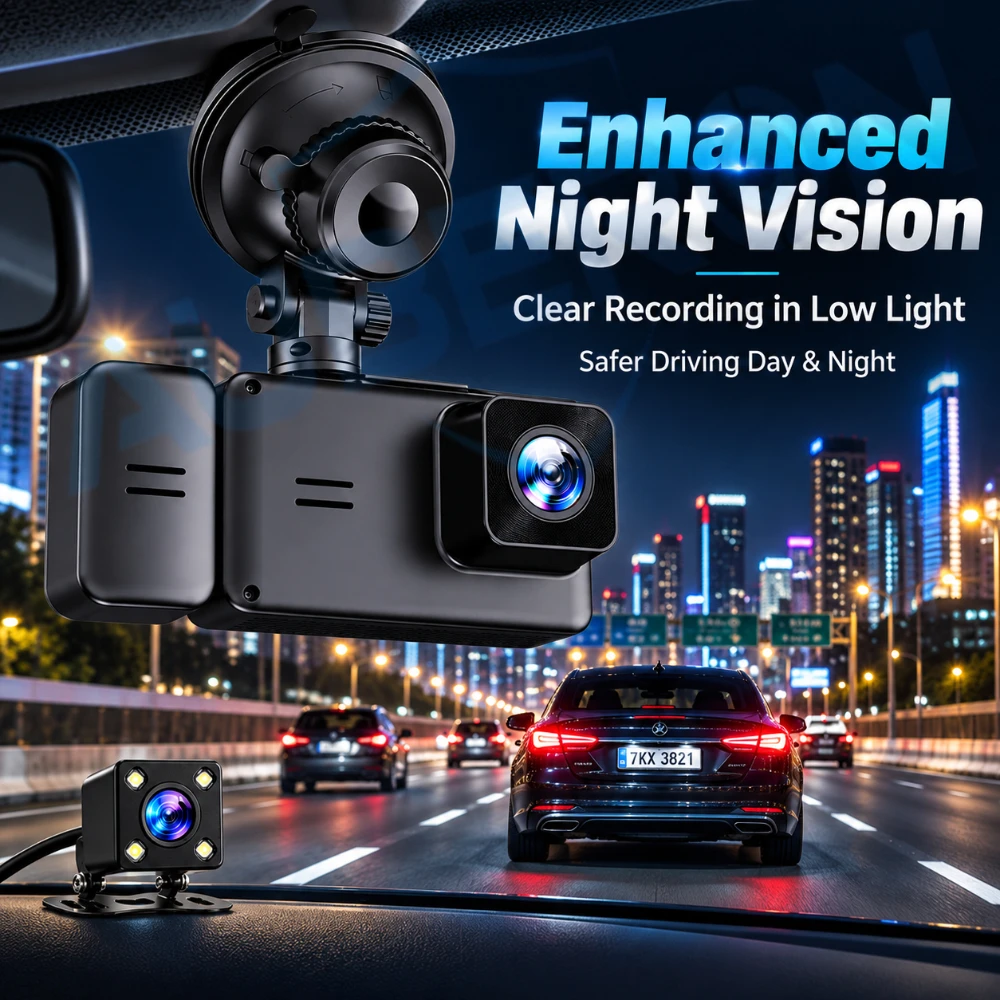 Triple Camera Dash Cam 1080P Front Rear Car DVR WiFi Camera Night Vision Driving Recorder Reverse Camera Loop Recording G-Sensor
