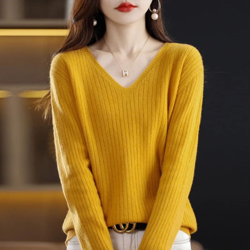 V-Neck Knitted Pullover Pit Strip Undercoat Autumn Winter New Women Long Sleeve Short Sweater with Loose Fashion Slim Fit Inside