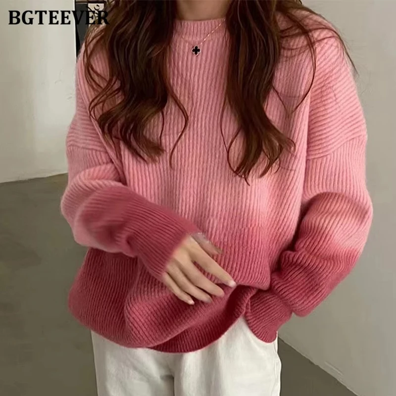BGTEEVER Stylish Gradient Sweaters Women Autumn Winter O-neck Long Sleeve Loose Female Pullovers Jumpers