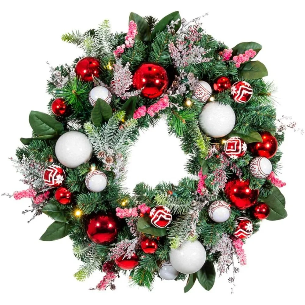 

[30 Inch Artificial Christmas Wreath] - Nordic Collection - Red and White Decoration - Pre Lit with 50 Candy Cane Colored LED