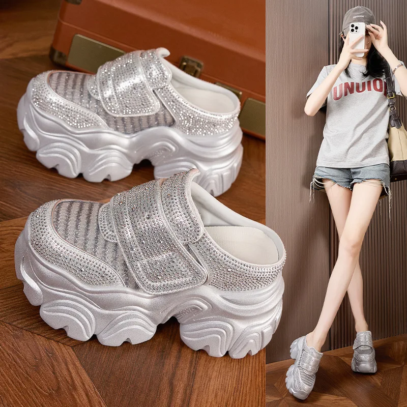10cm Platform Slides Women Summer Fashion Rhinestone Sandals with Memory Foam Height Increasing Shoes