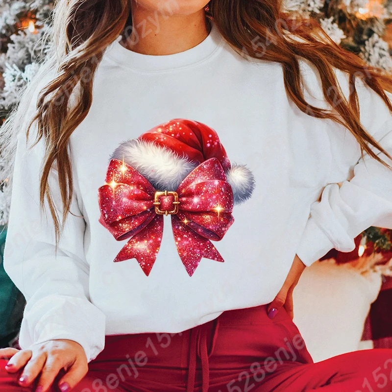 Funny Christmas Bow Print Pullover For Women New Fashion Autumn And Winter Tops Ladies Creative Personalized Hoodless Sweatshirt