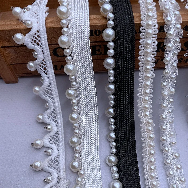 10yards/lot White/black Pearl Beaded Lace Ribbon Trim Handmade DIY Sewing Garment Craft Wedding Dress Materials Lace Pearl Trim