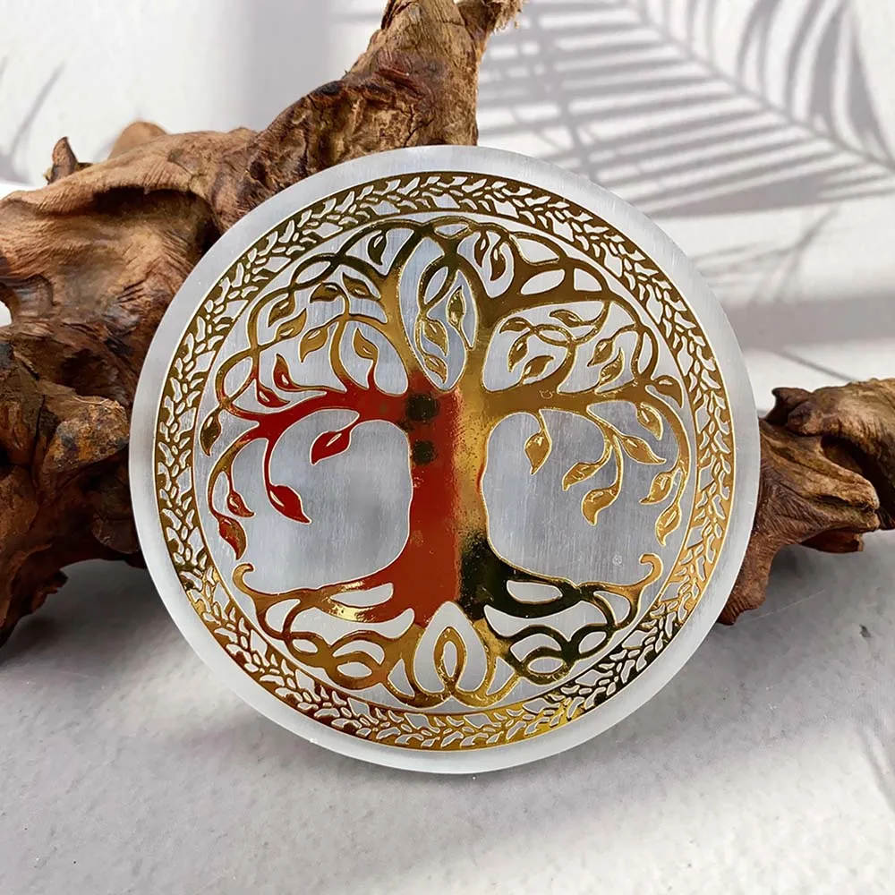 Natural Selenite Slice Slab Tree of LIfe Gold Pattern Healing Energy Charging Plate For Cleansing Fengshui Meditation 7 Chakra