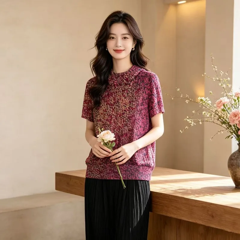 

Плиссированная футболка Miyake с коротким рукавом, больших размеров, женская, с высокой эластичностью, облегающая, с драпировкой и принтом, летняя коллекция 2026, маленькая рубашка