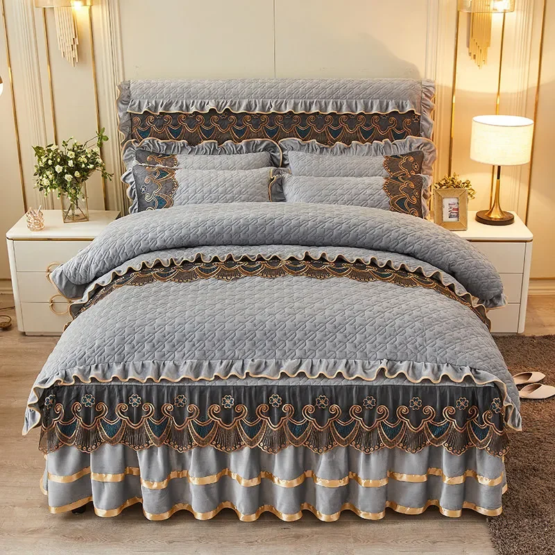 AIWINSURE-4pcs Quilted Velvet Duvet Cover Bedding Set, Luxury, Queen King Double Bed, Lace Fleece Quilt Cover, Bedspread, Soft