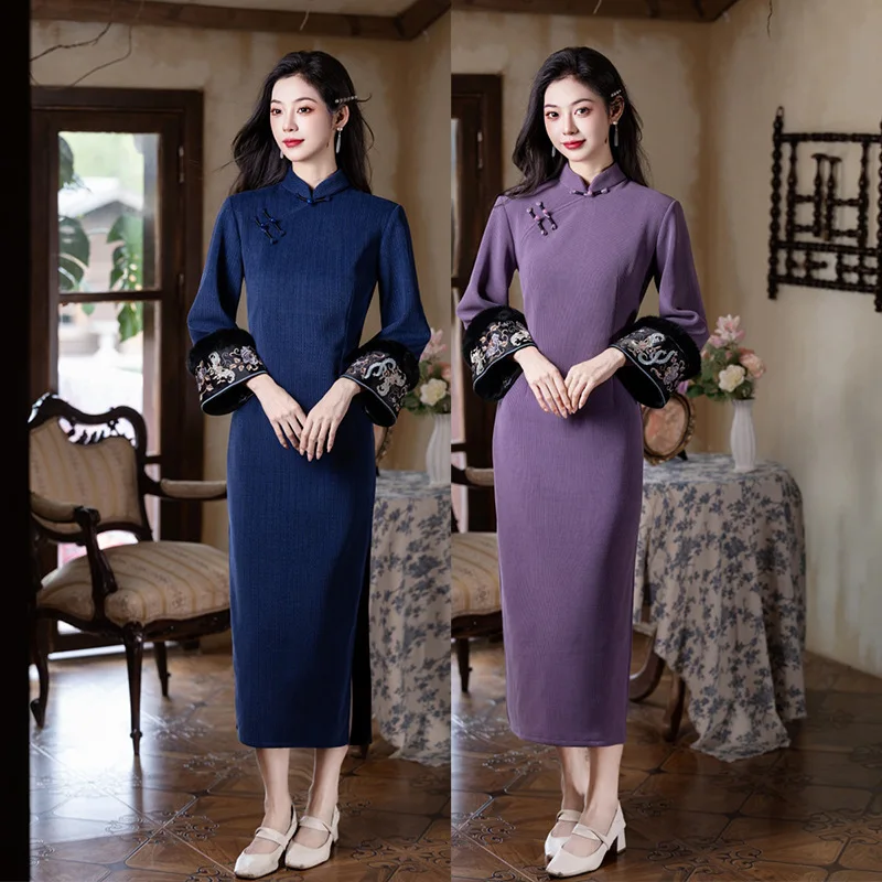 

Autumn Winter Embroidered Butterfly Cheongsam Thickened Chinese Style 2025 New Old Shanghai Long Dress Dress Qipao