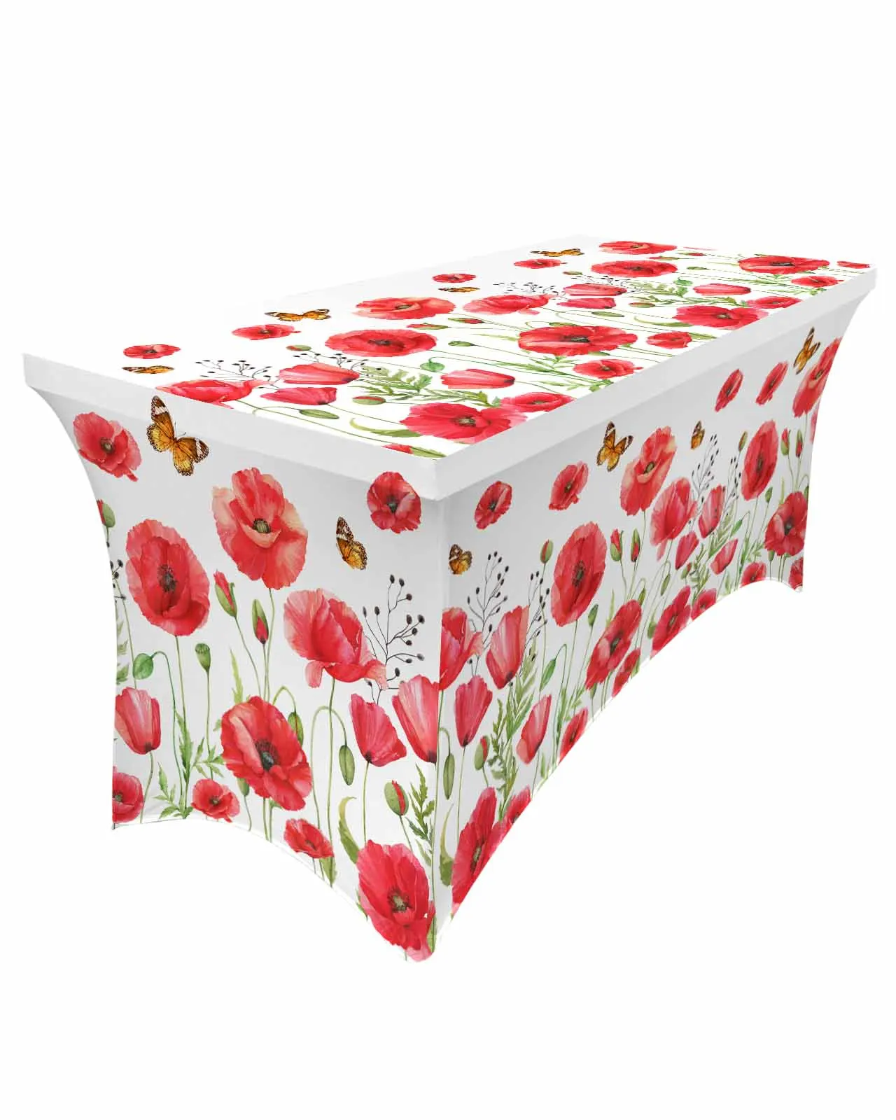 Red Watercolor Poppy Flower Rectangular Elastic Table Skirt Wedding Hotel Table Cover Holiday Dining Table Tablecloth