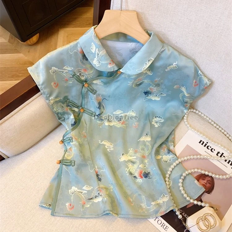 2024 daily improved leisure qipao top chinese style stand collar diagonal buckle cheongsam top trendy printing retro lady blouse