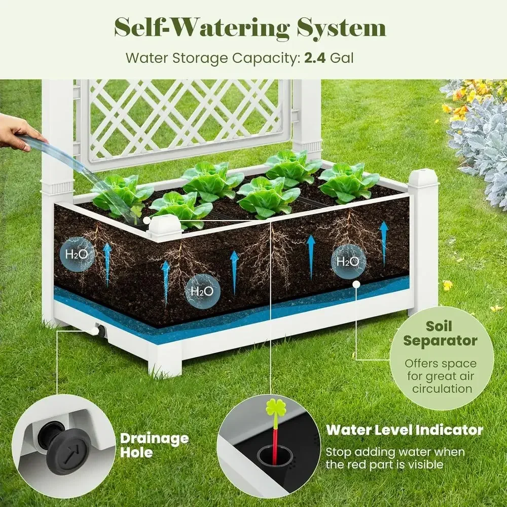 Raised Garden Bed with Lattice Trellis, Drainage, and Water Level Indicator for Outdoor Tomatoes and Climbing Plants