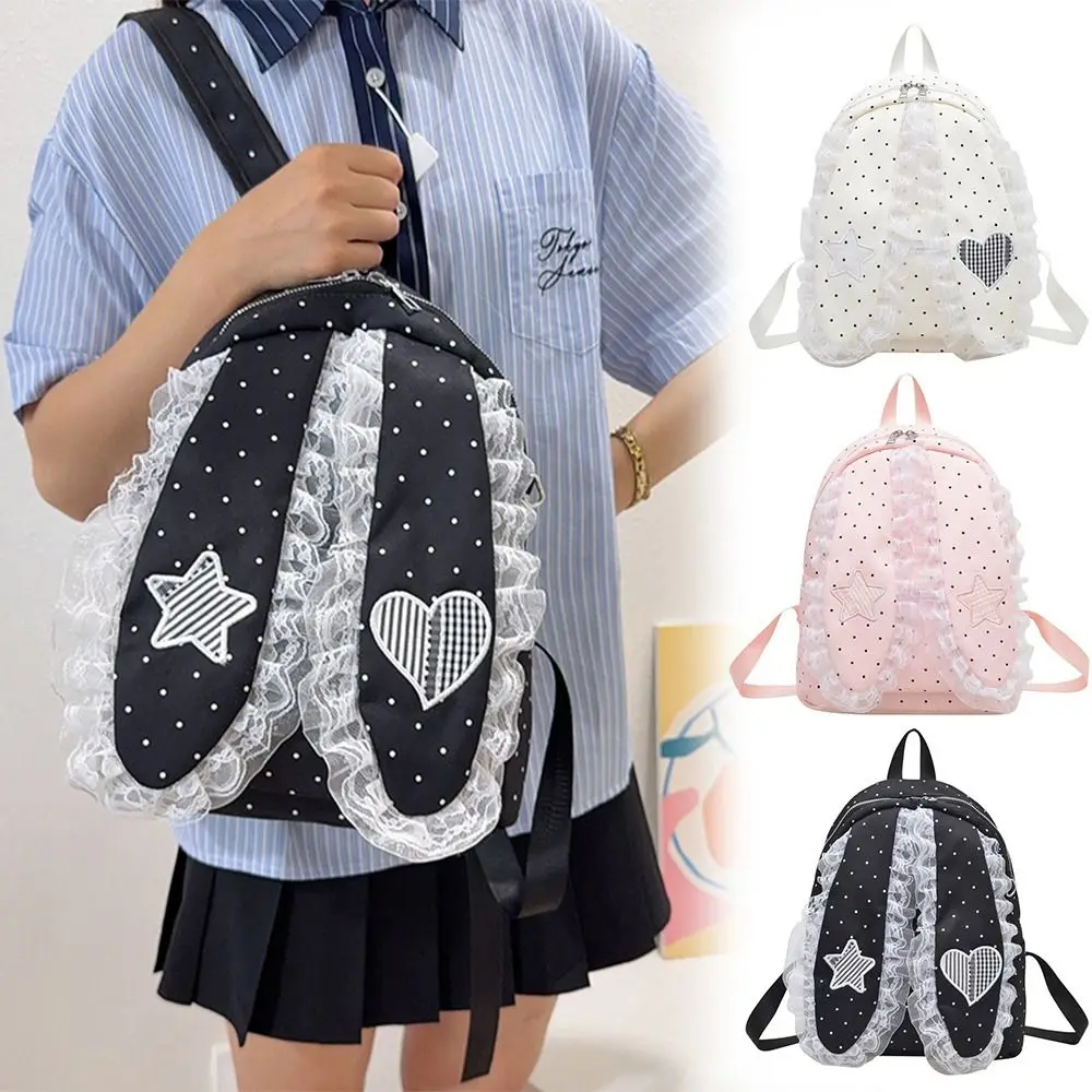 New Polka Dot Bunny Ear Lace Backpack Large Capacity Lightweight Lace Ruffle Backpack Fashion Daypack Casual Carry