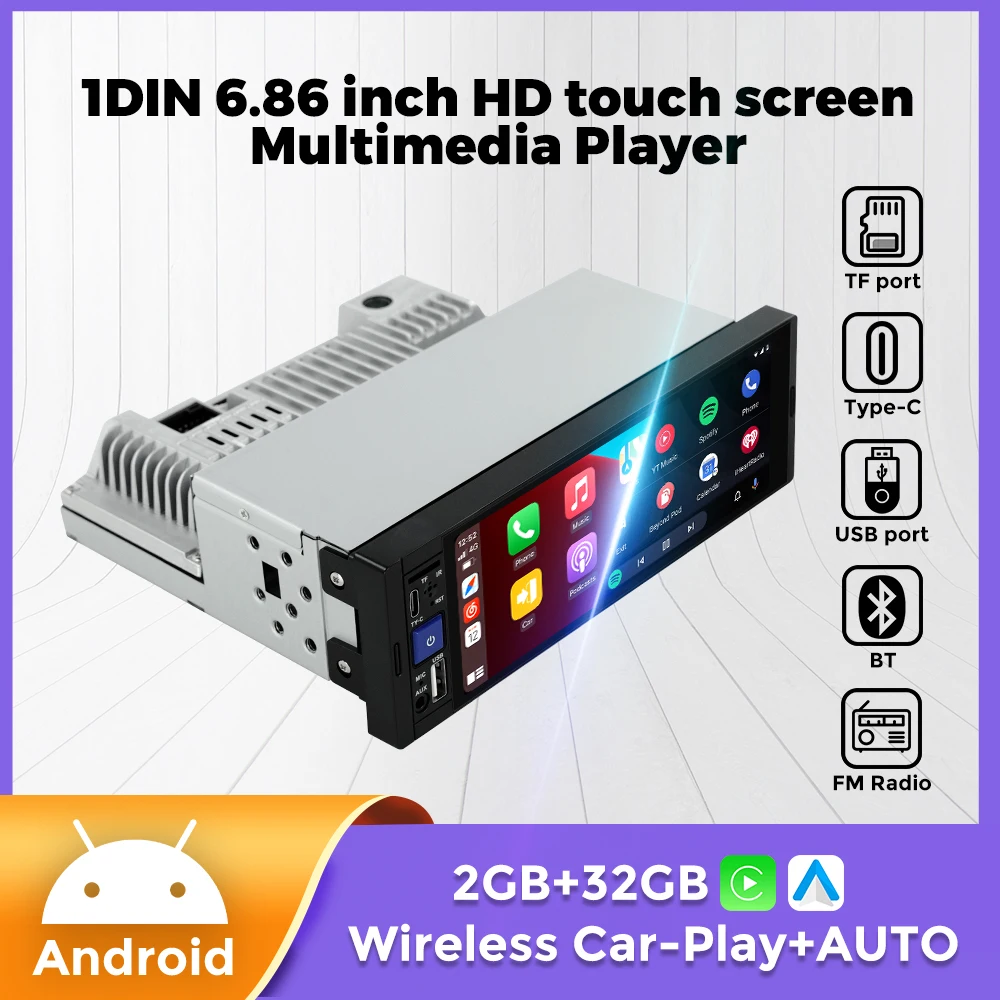 

6.86-Inch Car Radio 1DIN Universal HD Touch Screen Support Wireless Carplay Android AUTO AUX SWC USB BT Multimedia Video Player