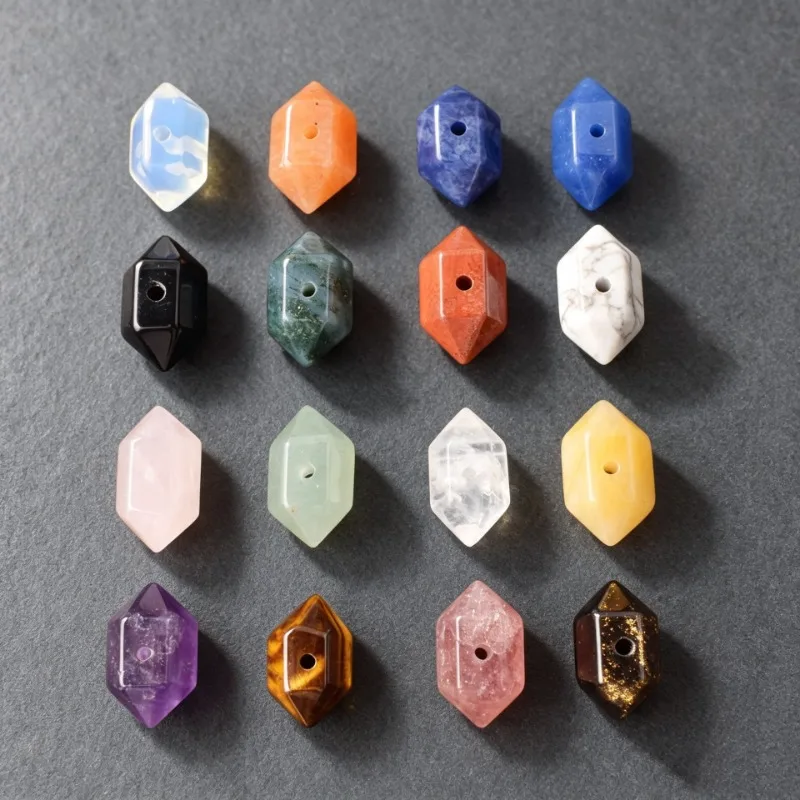 10pcs/lot 16mm Natural Stone Crystal Double Point Prism Pendant Through Hole Charms DIY Jewelry Making Supplies