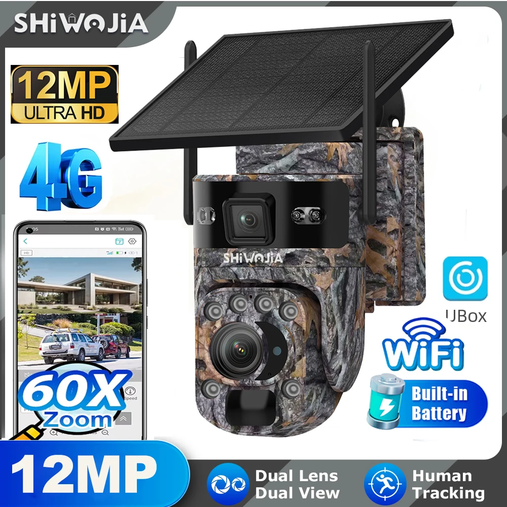 

SHIWOJIA 6K 12MP 4G Solar Camera WIFI 60X ZOOM Outdoor 360° View Animal Monitoring Solar Battery Camera Night Vision PIR Video
