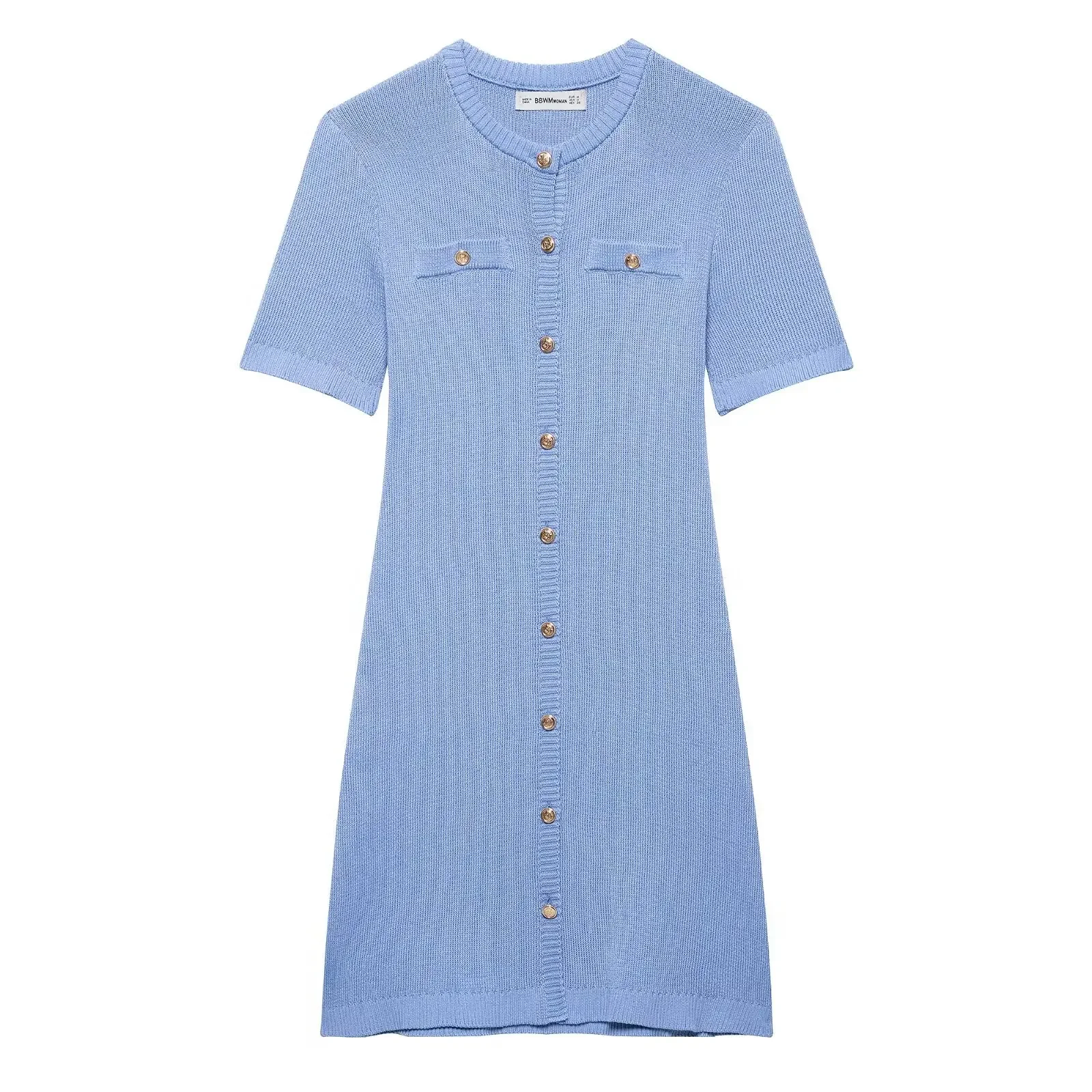 

New Fashion Women Solid Color Button Short Sleeve Rib Knitted Dress Women Summer Casual Elastic Slim Fit Mini Knitted Dress