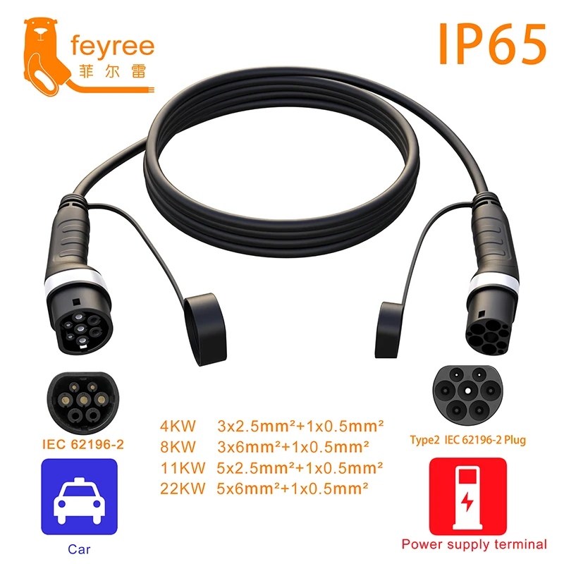 feyree Type2 Female to Male Plug EV Charging Cable 16A 11KW 32A 22KW 3Phase Electric Car IEC62196 Cord for Charger Station