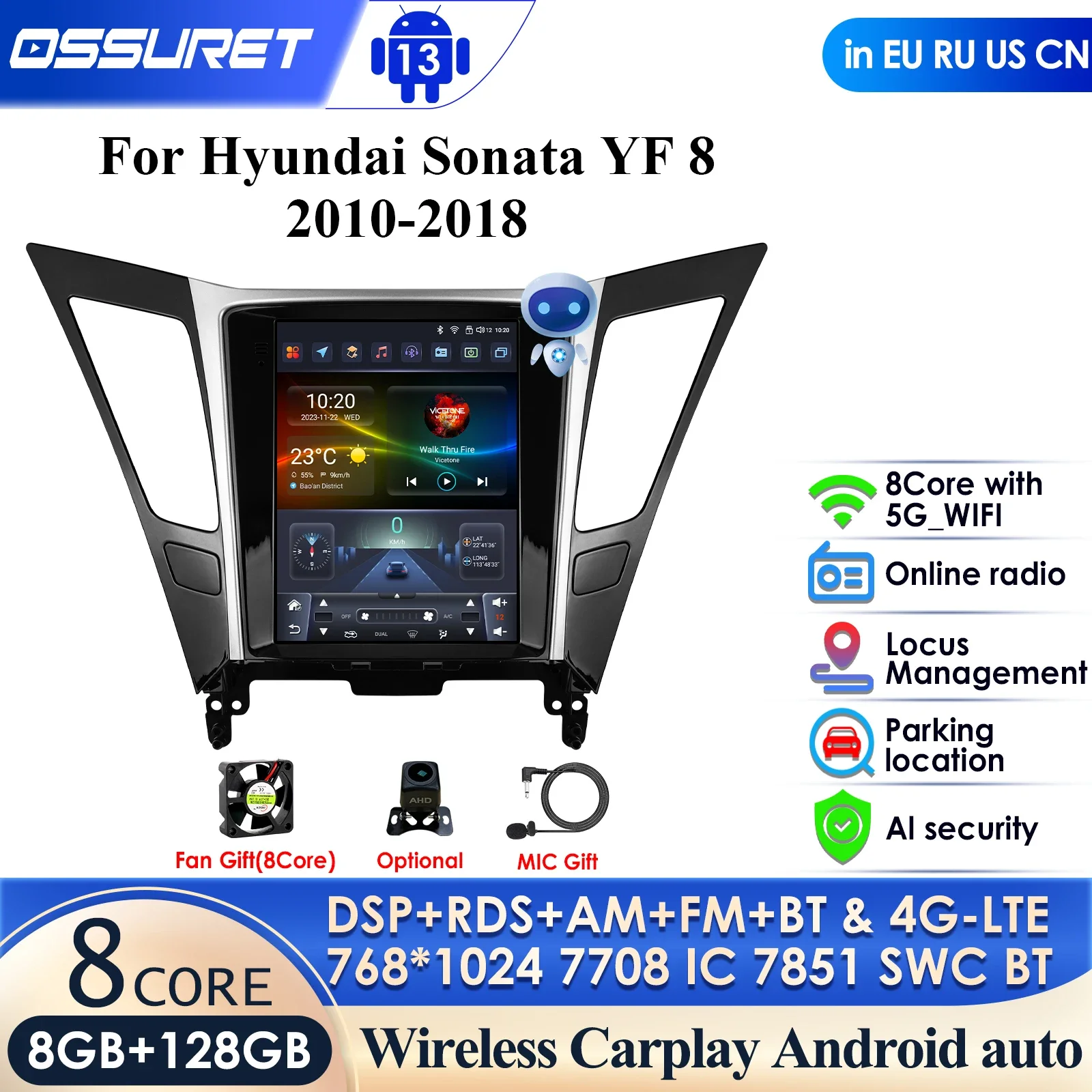 

9.7 Android Tesla Style Screen for Hyundai Sonata YF 8 2010-2018 Car GPS Navigation Stereo Headunit Auto Radio Player Carplay 4G