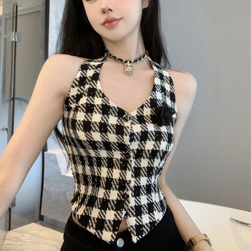 

Корейская вязаная майка с открытыми плечами в клетку, женская летняя новая яркая линия, украшение, трендовая футболка без рукавов с лямкой на шее, женская футболка