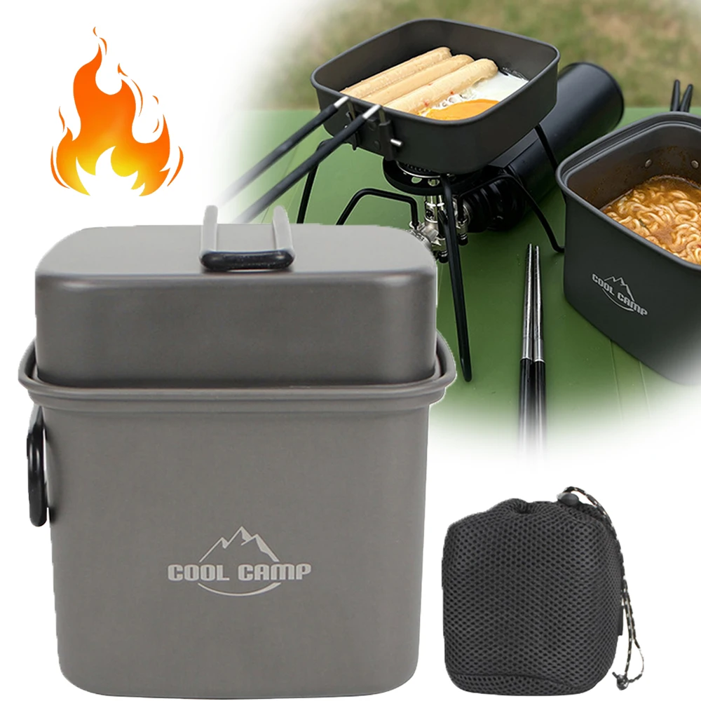 

2 In 1 Camping Cookware Mess Kit Barbecue Hiking Included Carry Bag Compact Camp Backpacking Versatile Frying Pan Square Pot Pan