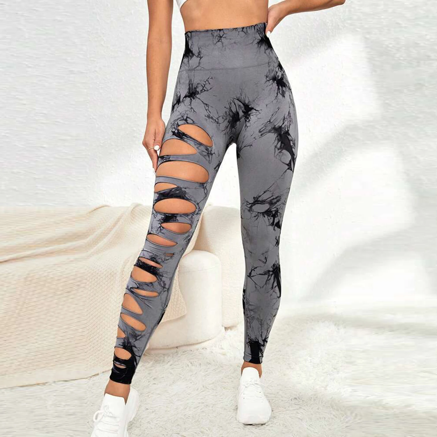 Women Hole Tie Dye Gym Leggings Sports Exercise Yoga Pants Scrunch Fitness Tights High Waist Workout Training Athletic Leggins