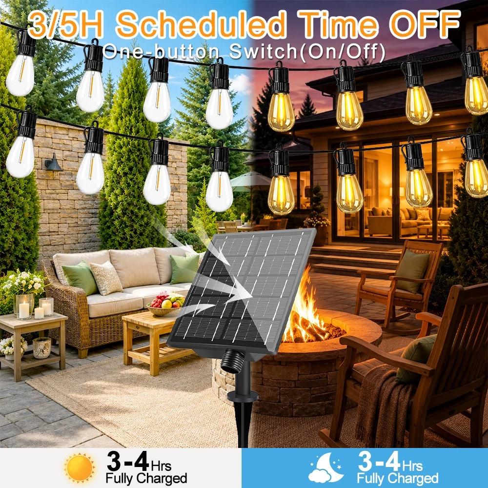 Grensk S14 Solar LED String Lights 24V E12 Shatterproof Plastic Bulbs Waterproof Outdoor lights For Patio Garden Wedding Party