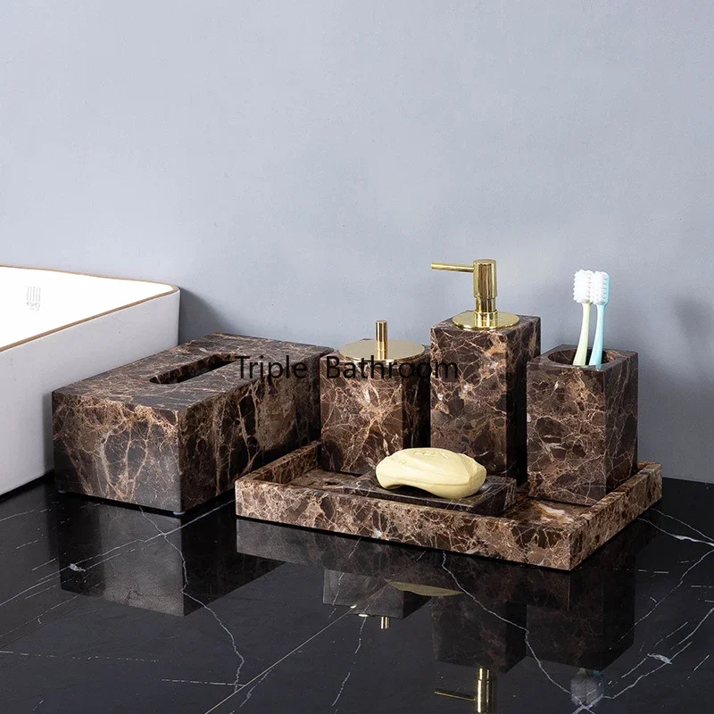 Dark Natural Marble Bathroom Set Brown Luxury Toothbrush Holder Soap Dish Soap Dispenser Bathroom Accessories