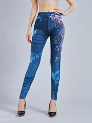New style denim inspired floral printed pants with slim fit high elasticity high waist casual leggings for women