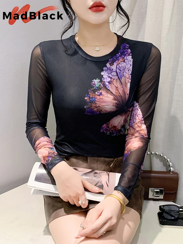 

MadBlack European Clothes Tshirt Women Sexy O Neck Butterfly Position Print Slim Mesh Tops Long Sleeve Basic Tee Spring T42747JM