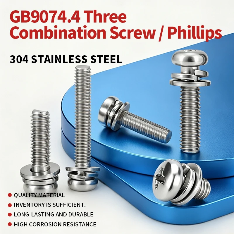 Phillips Pan Head Combination Screw Kit, 304 Stainless Steel Anti-Rust Machine Screws M3/M4/M5/M6/M8 with Spring & Flat Washers