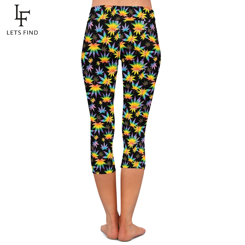 Letsfind alta quaility 220gsm leite impressão de seda 3d folha impressão capri leggings de cintura alta meados de bezerro leggings estiramento