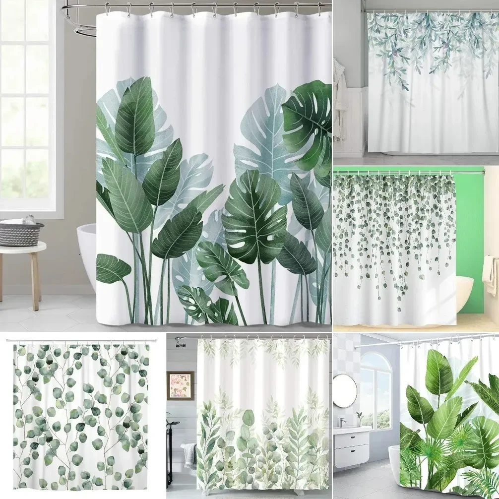 

Tropical Monstera Leaves Shower Curtain, Fresh Green Botanical Print, Waterproof Polyester Bathroom Curtain with Hooks