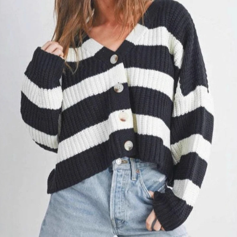 

Autumn and Winter New Women's Clothing Casual Striped Long Sleeve V-neck Loose Knit Cardigan Sweater for Women