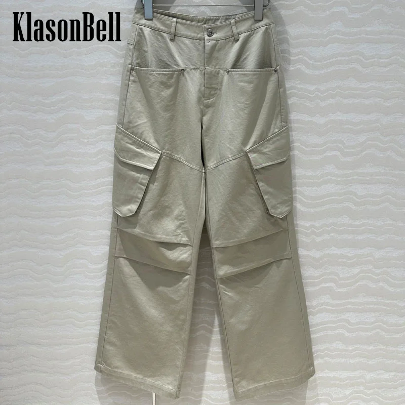 

7.13 KlasonBell Women Fashion All-matches Cargo Trousers Metal Button High Waist Ruched Pocket Loose Straight Pants