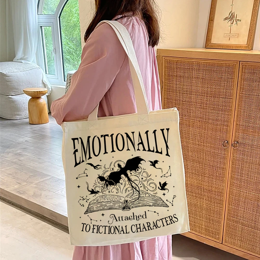 Fantasy Book Fourth Wing Tote Bags Emotionally Attached To Fictional Ladies Shopping HandBag Vintage Dragon Rider Book Lover Bag