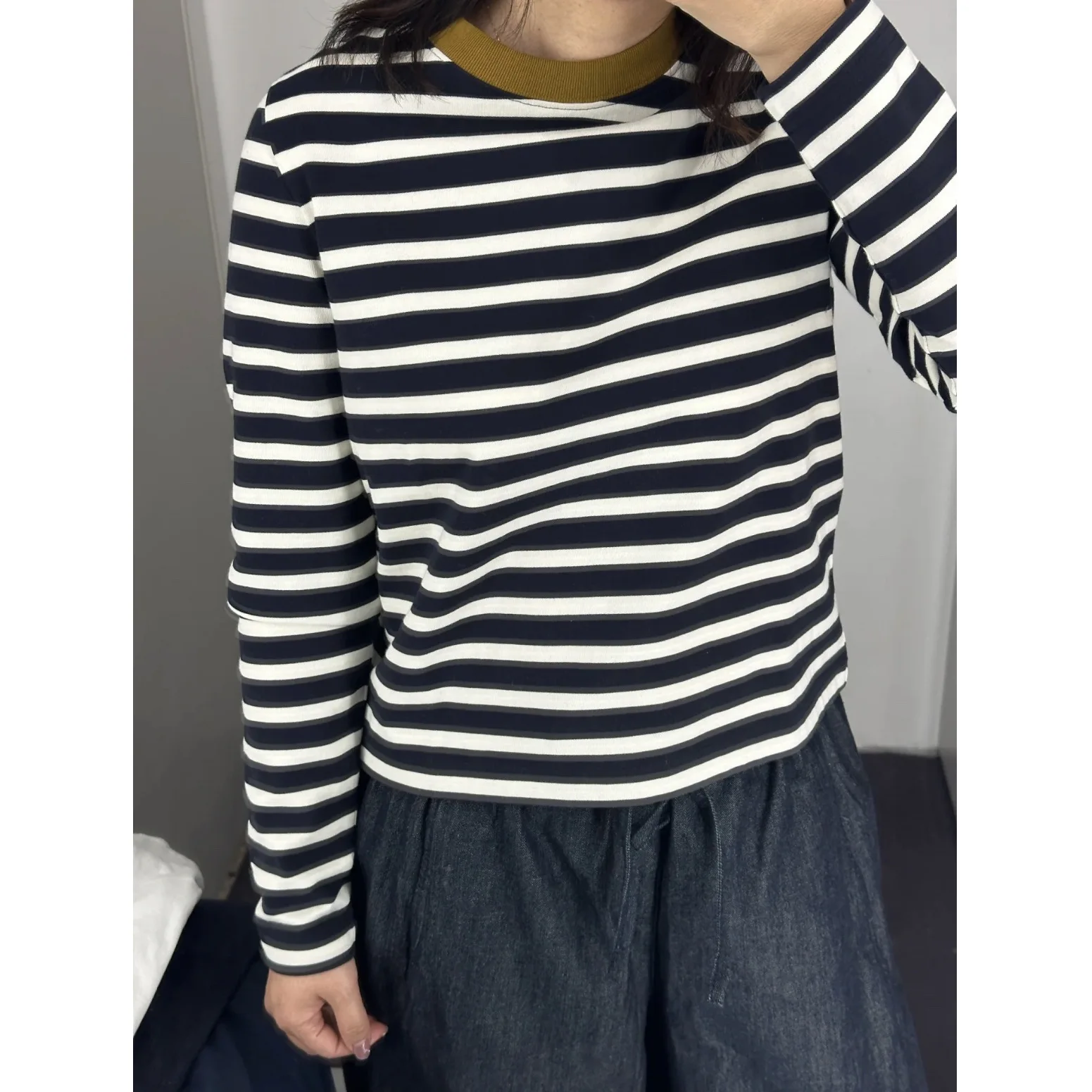 

Pure C Home Sle Women's Stand Fit Long Sve round Ne T-irt Spring New Arrival Striped Knitted Cotton Casual Top