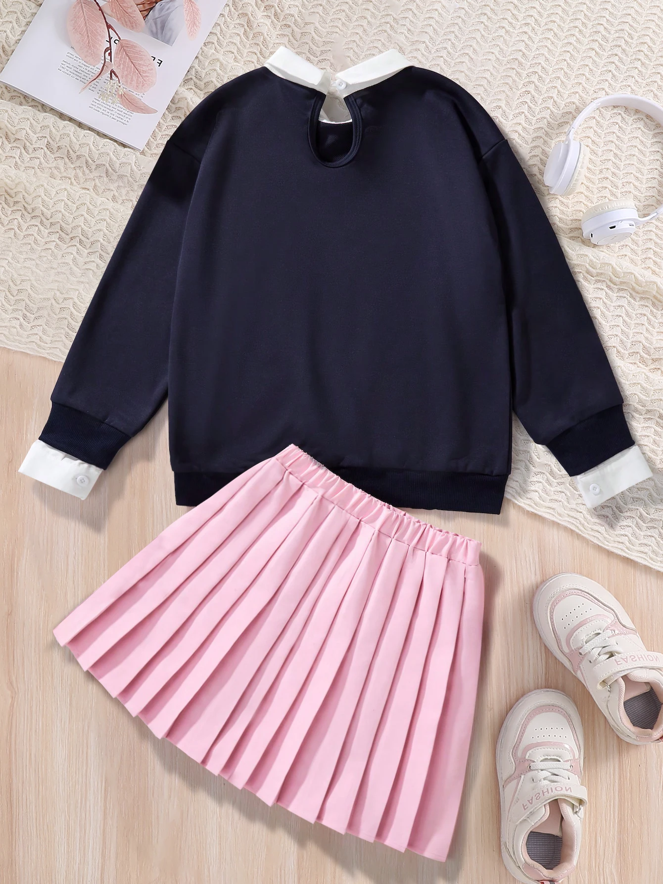 Children\'s Spring and Autumn Fashion Cute Girls\' Two piece Set with Letter Printed Collar Long Sleeve+Half body pleated Skirt