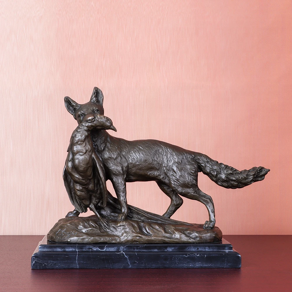 Bronze Fox Hunting Chicken Statue Sculpture Wildlife Animal Art Marble Base for Home Living Room Decor