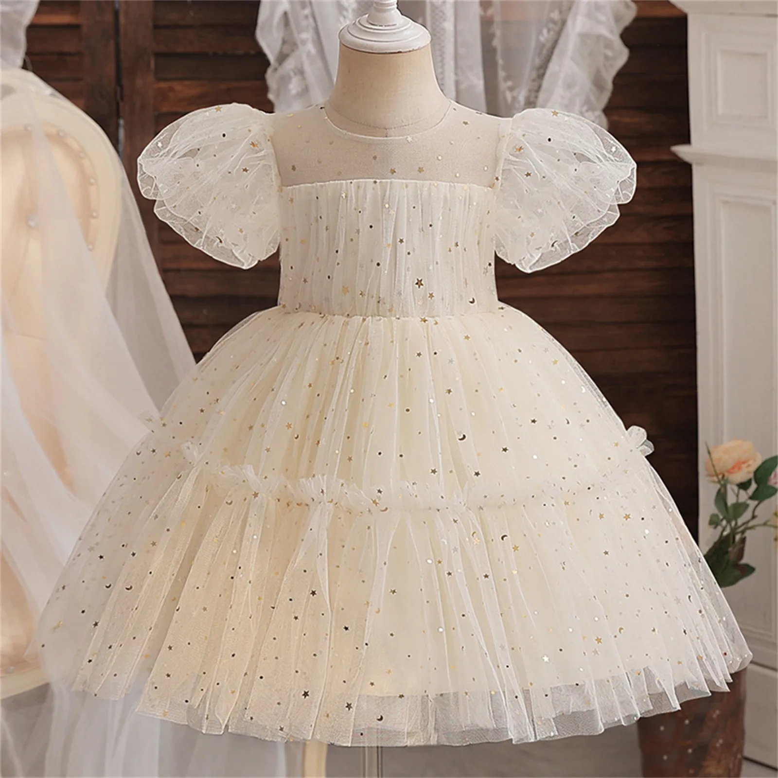 Children Luxury Party Formal Dress Toddler Kids Ruffle Sequin Princess Evening Dress Baby Girls Pageant Gown Wedding Tulle Dress