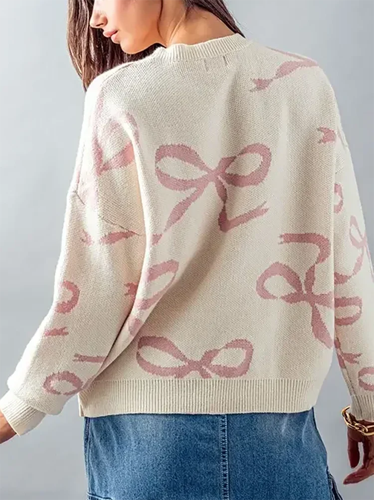 Off-White Top with Cute Pattern Long-Sleeved Bow Fashion Sweater Loose Casual Knitted Top Cute Ribbon Pattern Women's Knitted Long-Sleeved Pullover