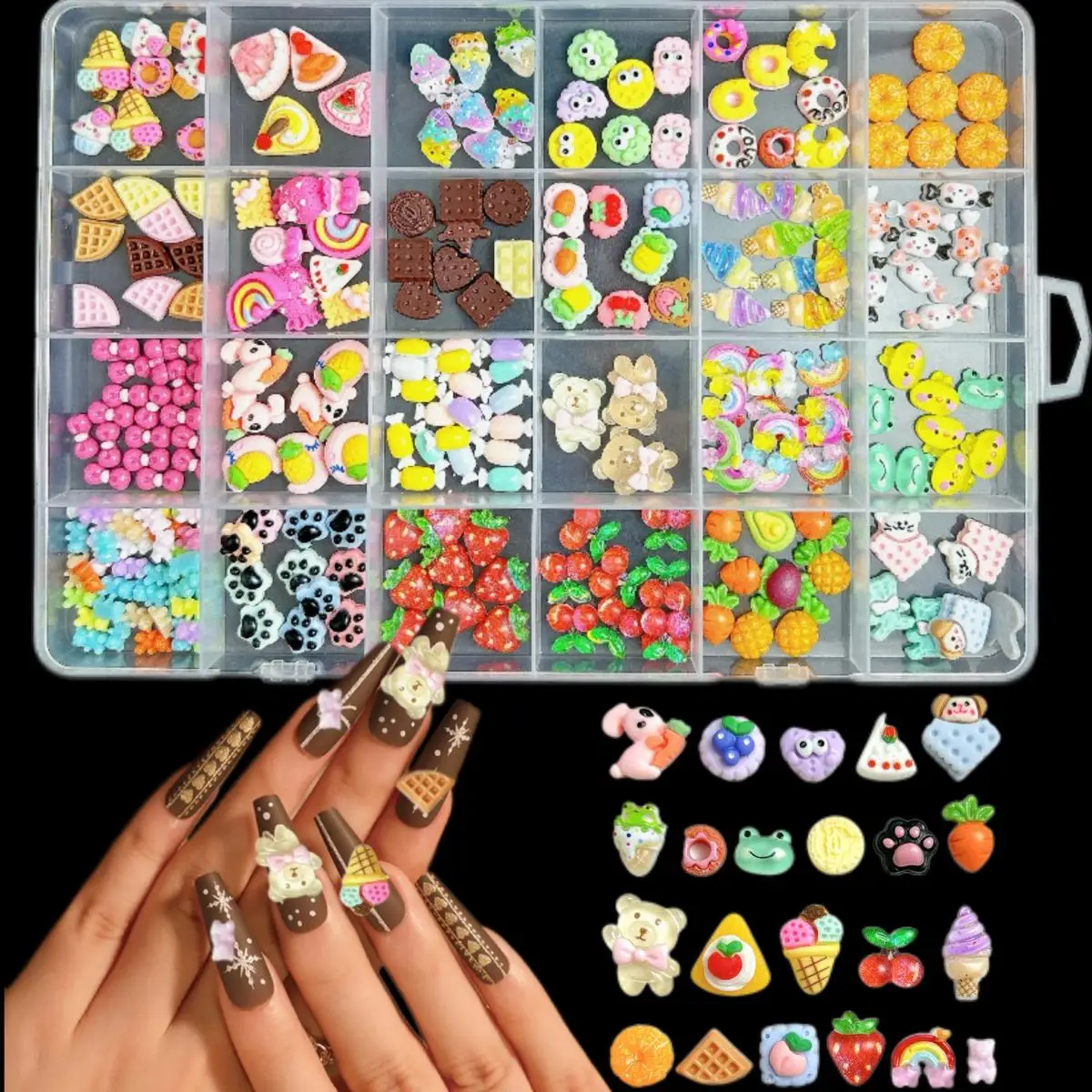 1 Doos Cartoon Schattige Stropdas Beer Ogen Biscuit Hars Nail Charms Kleurrijke Boog Rose Klauwen Gemengde Nail Art Decoraties voor DIY Nagels