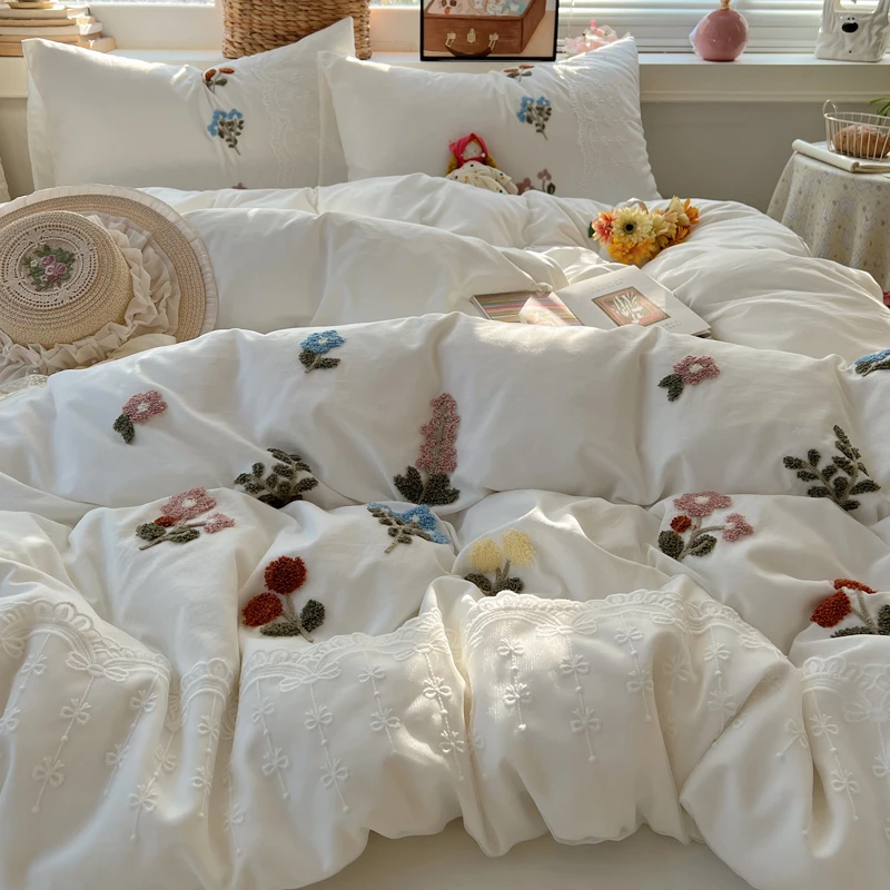 3/4Pcs Princess Style Cartoon Towel Embroidery Bedding Set Single Queen King Size Duvet Cover Set Bed Sheet Pillowcases