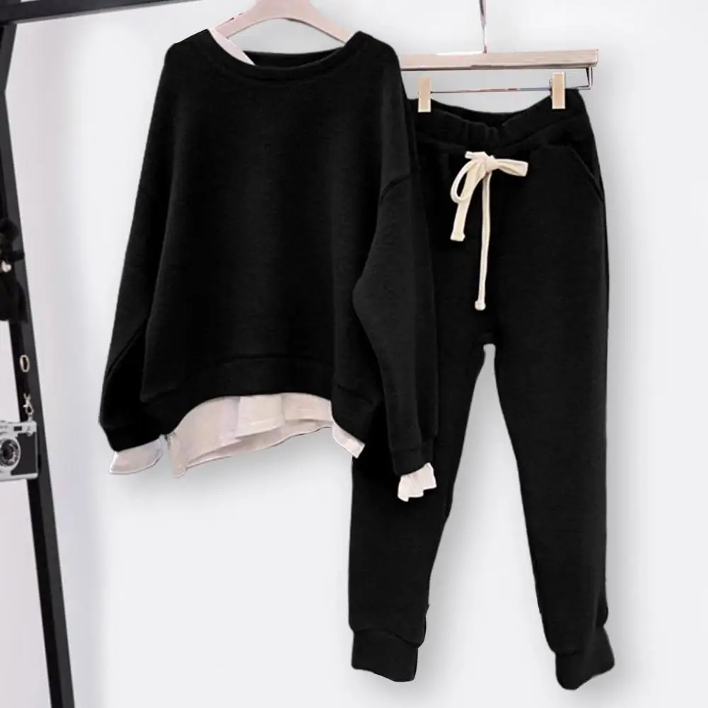 Chic Women Sweatshirt Pants Set Pockets Sweatshirt Sweatpants Set Solid Color Round Neck Autumn Top Pants Suit Warm