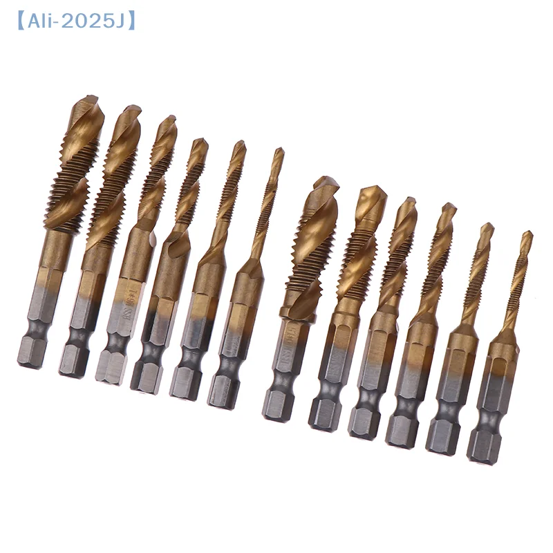 【J】6Pcs Compound Metric Tap Drill Bits Screw Thread Hex Shank Machine Titanium HSS Tap Bit Tool For Metal Steel Wood Plastic
