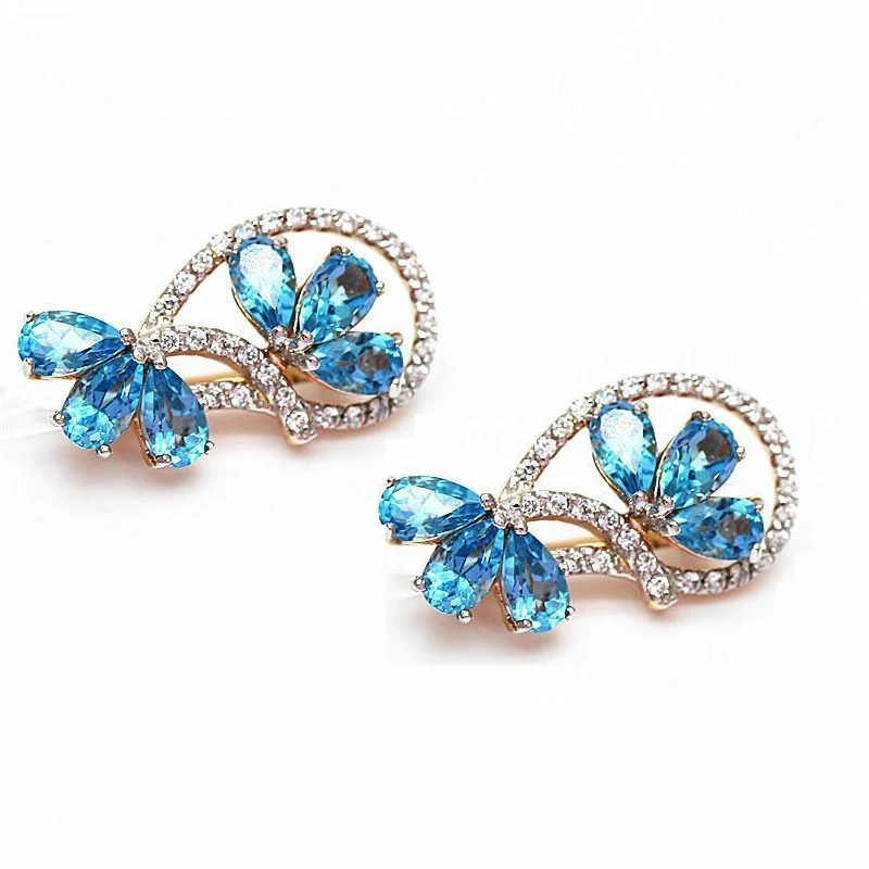 585 purple gold plated 14K rose gold inlaid blue crystal geometric flowers earrings for women new evening jewelry fashion gift